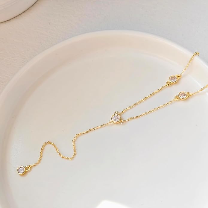 Luxval Lariat Gold Necklace for Women, Dainty Long Necklace 14k Gold Plated/Silver Y-Shaped Pendant Necklaces Trendy Beaded Chain Drop Necklaces Jewelry for Women Gifts