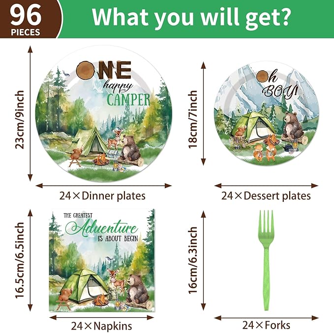 One Happy Camper Birthday Decorations - 96PCS One Happy Camper Plates and Napkins Party Supplies 1st Birthday Decorations Boy Adventure Camping Disposable Tableware Set Serve 24 Guests