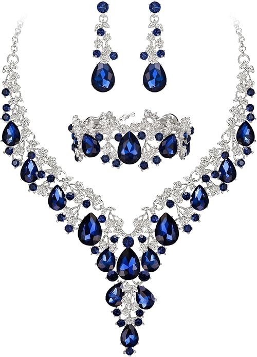 BriLove Women's Wedding Bridal Austrian Crystal Teardrop Flower Cluster Statement Necklace Dangle Earrings Jewelry Set for Party Prom