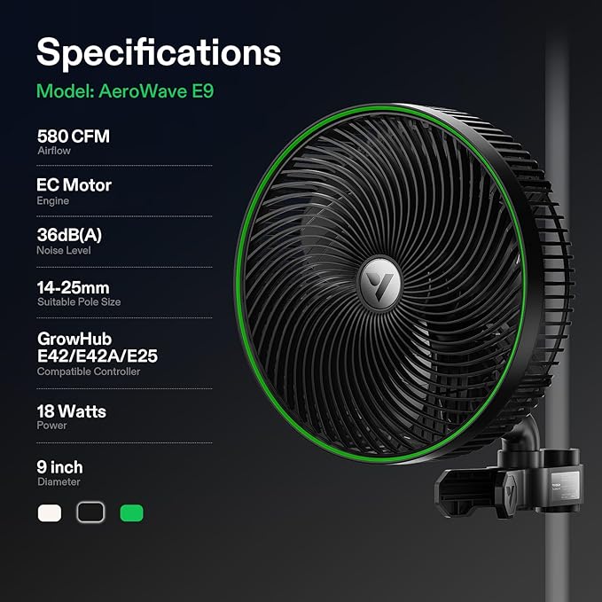 VIVOSUN AeroWave E9 Grow Tent Fan 9”, EC Motor, WiFi-Controllable, US Patented Auto Oscillating Clip fan, IP54 Weatherproof, Strong Airflow & Quiet for Hydroponic Ventilation Circulation, Black