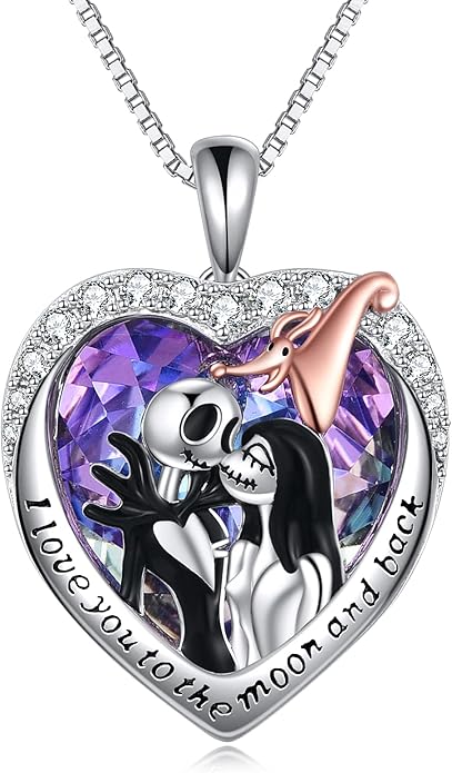 LILALO Nightmare Necklace Sterling Silver Abalone Shell Crystal Jack and Sally Necklace Jack Skellington Skull Jewelry Skull Necklaces for Women