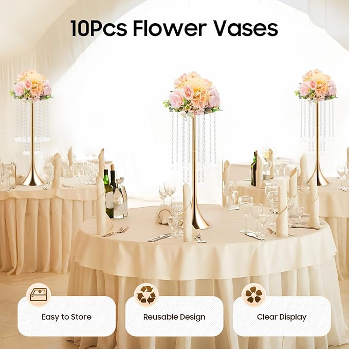 Wedding Centerpieces Gold Vases,10PCS Metal Flower Candle Holder with Sparkling Crystal Beads,Crystal Flower Vase Metal Flowers Stand for Party Tables Decorations (Gold 10PCS Height 21.9in)