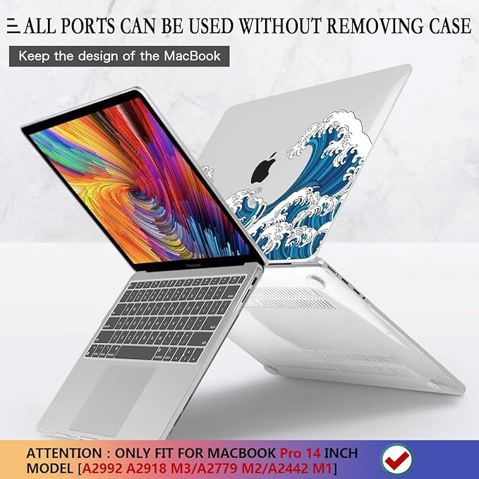 CISSOOK Ocean Case for MacBook Pro 14 inch 2021 2022 2023 2024 Release Model A2442 M1 &A2779 M2 &A2992 A2918 M3 & A3112 A3185 A3401 M4 Pro/Max Chip, Wave Hard Shell for Pro 14-inch with Touch ID