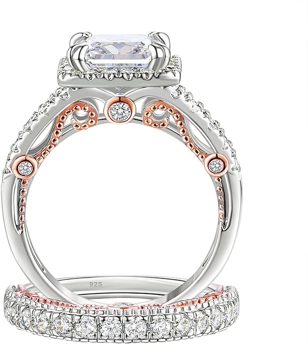 Wuziwen Princess Cut Engagement Rings for Women Sterling Silver Cubic Zirconia Wedding Bridal Ring Set