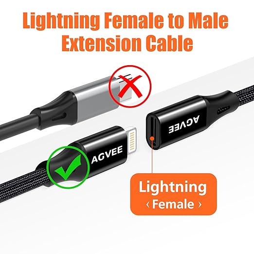 AGVEE 2 Pack 3.3ft Lightning Extension Cable, Braided Female to Male Extender Full Function Cord Compatible with iPhone iPad, Data Sync Video Audio & Charging Connector Adapter, Black