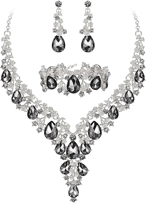 BriLove Women's Wedding Bridal Austrian Crystal Teardrop Flower Cluster Statement Necklace Dangle Earrings Jewelry Set for Party Prom