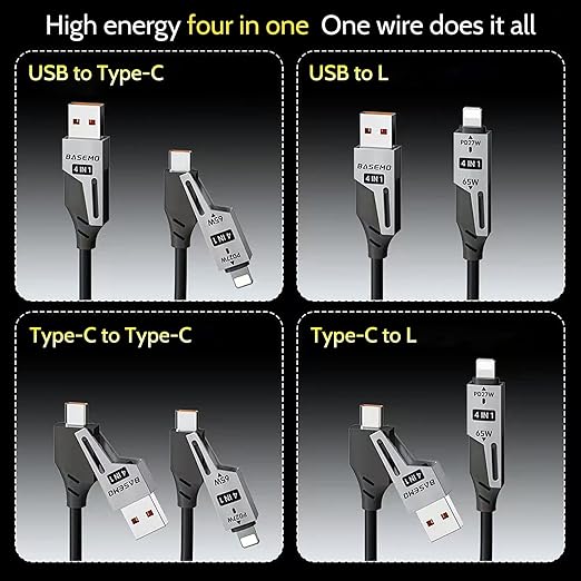 65W 4-in-1 Retractable Fast Charging Cable, 2M/6.5ft Spring Coiled USB-C to L/USB-C/USB-A Multi-Device Cord for iPhone 15/14/13, iPad, Samsung, MacBook, Laptop, Car, Tablet