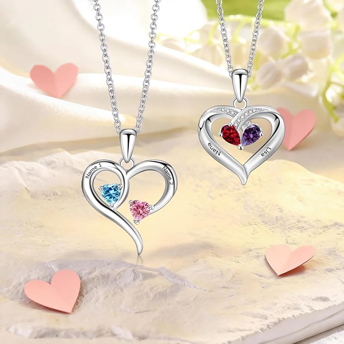 MissNaNa Sterling Silver Personalized 2 Names Heart Necklace with 2 Birthstone Couple I Love You Heart Pendant Necklace Jewelry Gift for Her Wife Girlfriend Mom