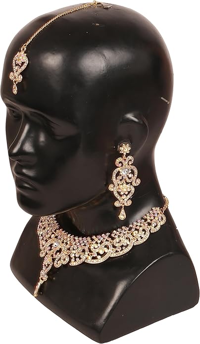 Touchstone Indian jewelry set for women bollywood gold jewellery wedding outfits necklace sets earrings bridal maang tikka fancy costume girls big desi accessories rhinestone in gold or silver tone