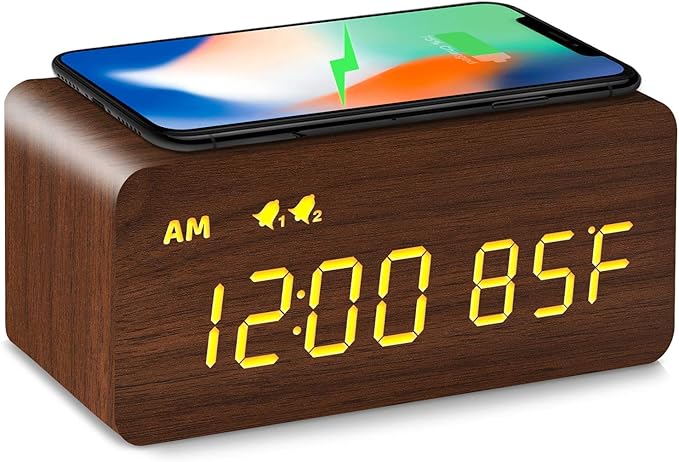 MOSITO Digital Wooden Alarm Clock with Wireless Charging, 0-100% Dimmer, Dual Alarm, Weekday/Weekend Mode, Snooze, Wood LED Clocks for Bedroom, Bedside, Desk, Kids (Brown)
