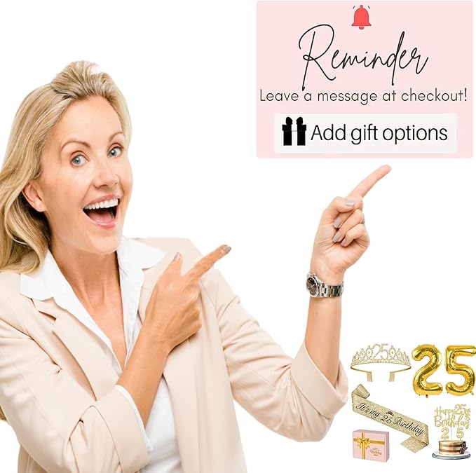 25th Birthday Decorations for Women Gold with 25th Birthday Sash and Crown, Cake Topper and Candles, Number Balloons, 25 Year Old Gifts for Women