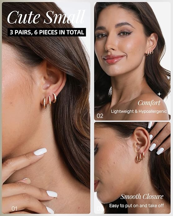 Busy Women's Gold Huggie Earrings Hoops Set — Small Dainty Cubic Zirconia Hoop Earrings 14K Gold Plated, Shower-Safe, Work-Ready, Skin-Friendly, Easy to Stack (3 Pairs)