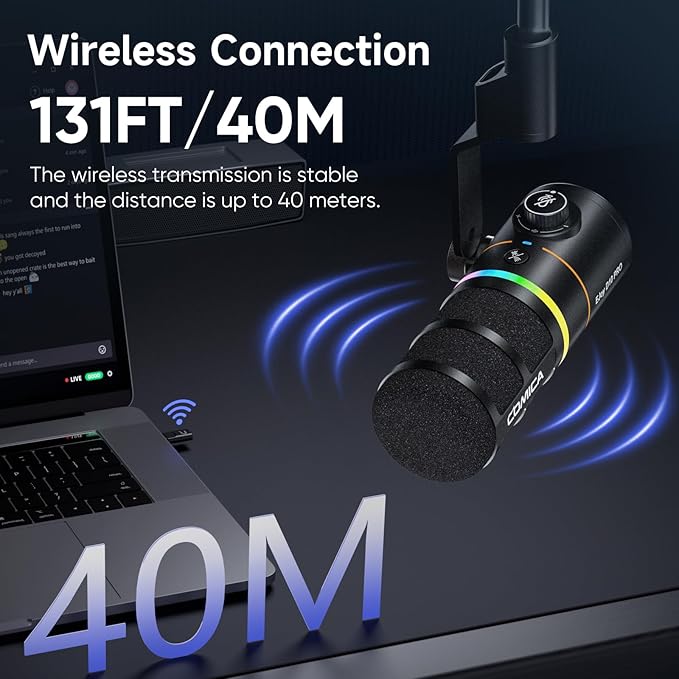 EJoy D10 PRO(D) Wireless USB Gaming Microphone – RGB Dynamic Mic with Wired/Wireless Modes, XLR/USB-C, Real-Time Monitoring, 45H Battery, Studio Mic for Gaming, Streaming, Podcast, Recording (Black)