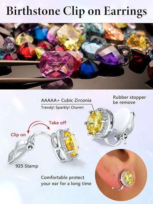 Silvora 925 Silver 8MM Cubic Zirconia Birthstone Clip On Stud Earrings Round Non Pierced Earrings For Women,Come with Box