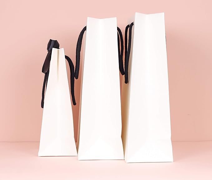 PAPERIST 8pcs Elegance White Gift Bag with Black Satin Bows Ribbon, Sturdy Durable Thick Gift Bag, Gift bag for Wedding, Christmas, Birthday Party, Bridal Shower, Baby Shower