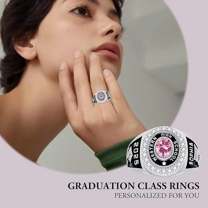 Custom Class Rings Personalized Birthstone Rings High School College Ring 925 Sterling Silver Engraved 2025 Graduation Jewelry Gifts for Women Size 4-15