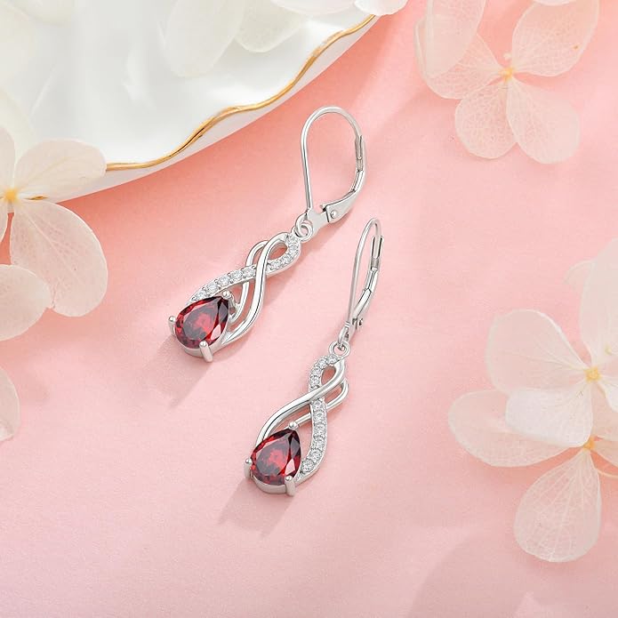 Infinity Love Birthstone Earrings for Women 925 Strling Silver 5A Cubic Zirconia Dangle Drop Leveback Earrings Jewelry Birthday Christmas Day Gifts for Her
