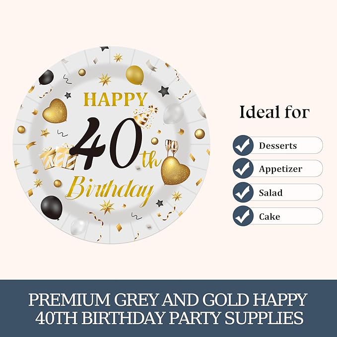 75PCS 40th Happy Birthday Plates and Napkins Party Decorations, 7 Inch Premium Grey and Gold Birthday Paper Dessert Cake Plates and Napkins Disposable Tableware Set Party Supplies for Women Men