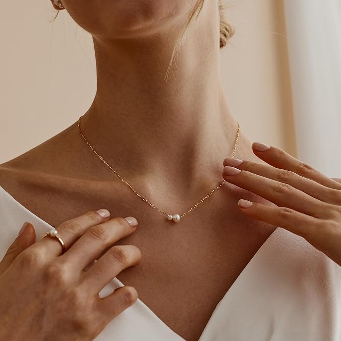Pearl Necklaces for Women Trendy, 14k Gold Plated Dainty Necklace Simple Pearl Drop Single Charm Pendant Necklace Birthday Wedding Gifts Gold Jewelry for Women