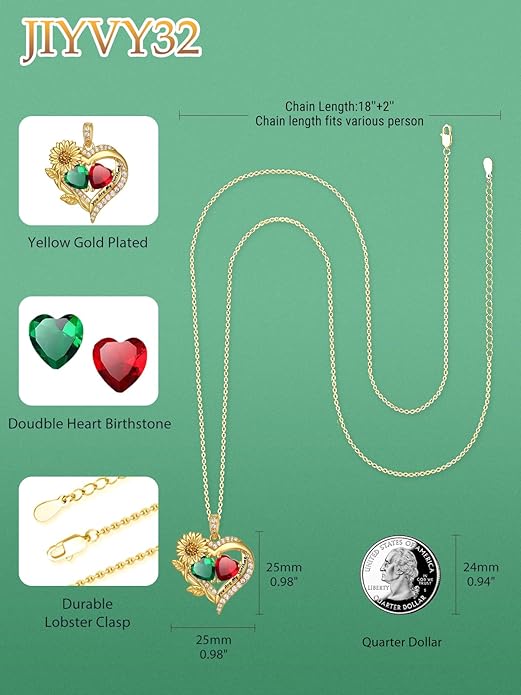 Sunflower Heart Necklace for Women 14K Gold Exquisite Valentines Day Anniversary Birthday Gifts for Wife Mother Her Double Birthstone Pendant Jewelry‘You Are My Sunshine’