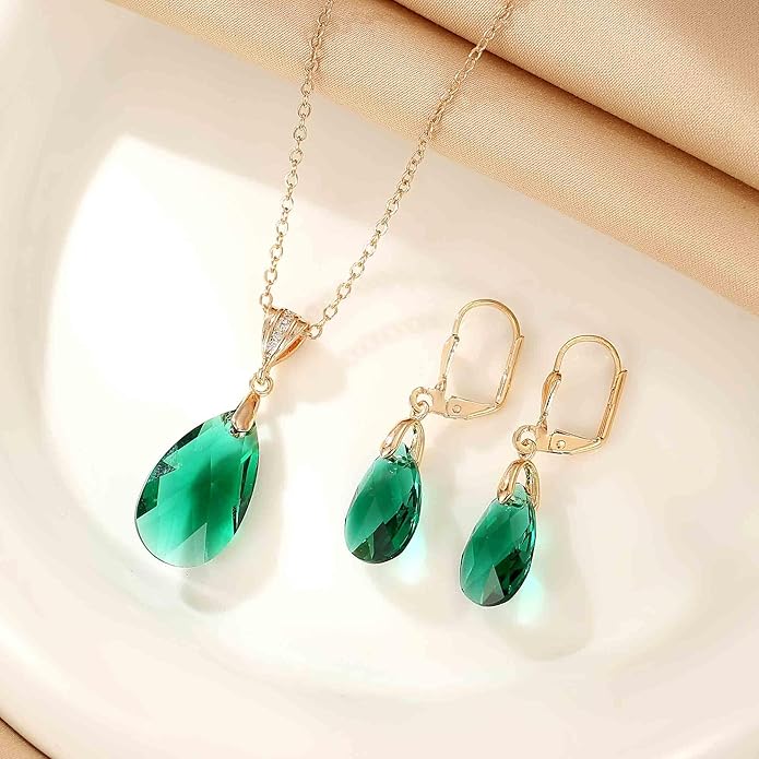 EVEVIC Austrian Crystals Teardrop Pendant Necklace Earrings for Women 14K Gold Plated Hypoallergenic Leverback Drop Dangle Earrings Jewelry Set