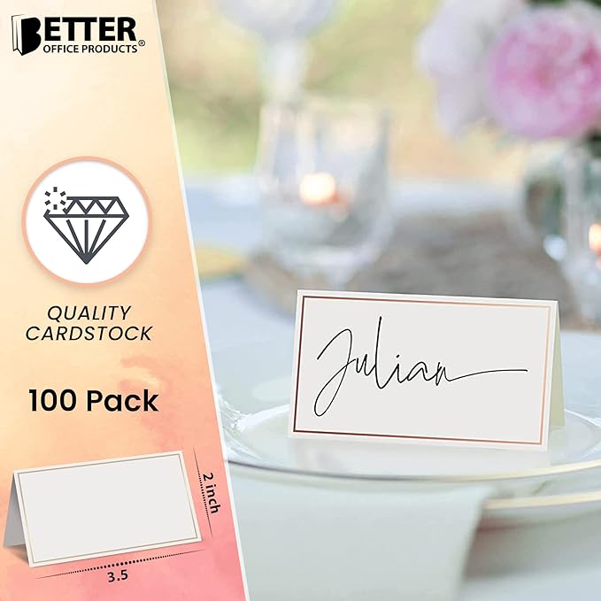 Better Office Products 100 Pack Gold Metallic Border Place Cards, 2 x 3.5 in, Folded Table Tent Cards for Weddings, Dinner Parties, Buffet Banquets, (White)