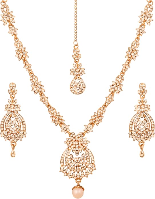 Touchstone Indian jewelry sets for women maang tikka wedding guest gold necklace bollywood jewellery set pageant elegant prom bride accessories western crystal chunky rhinestone necklaces
