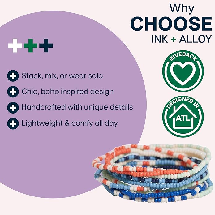INK + ALLOY 10-Strand Stacking Beaded Bracelets for Women – Mixed Patterns Bracelet Stack - Adjustable Stretch Fit - Handmade Boho Bracelets for Women - Perfect for Any Occasion