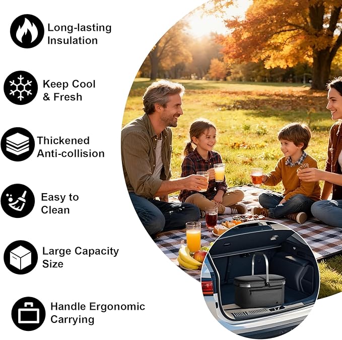 ALLCAMP Picnic Basket - 32L Insulated Cooler, Thickening Foldable Picnic Basket with Removable Baskets & Sewn-in Frame, Basket for House Warming Gifts New Home(Gray)