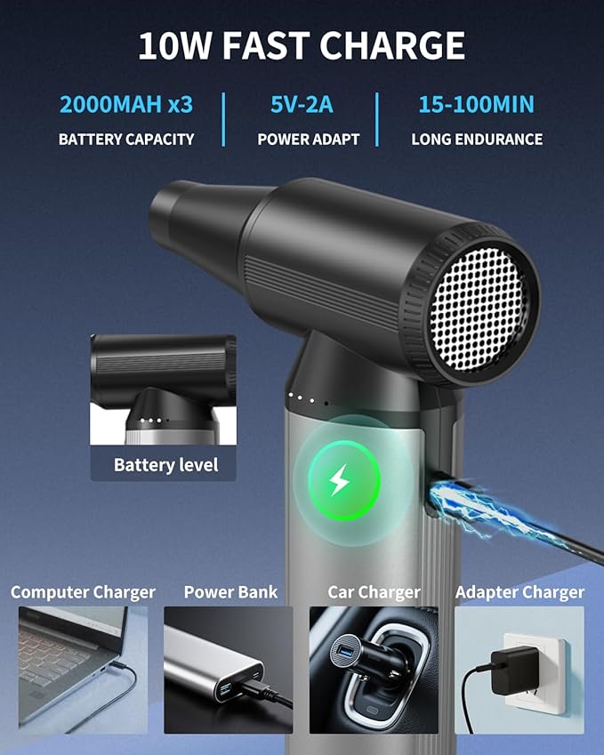BOBYE Electric Compressed Air Duster & Keyboard Cleaner, 2-in-1 Blower & Vacuum with 180W Brushless Motor, 6000mAh Battery, 3-Gear Adjustable for Computers, Cars, Furniture, and Outdoor Cleaning