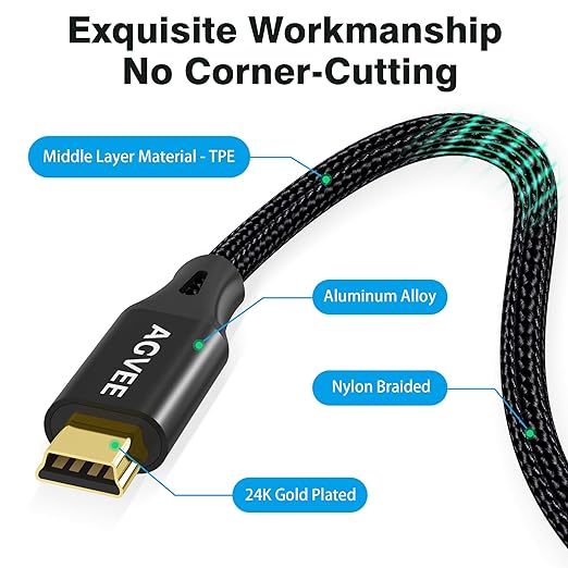 AGVEE 1ft Mini USB Cable, Braided Durable USB-A to Mini-B Charger Charging Cord for TI-84, Garmin GPS, Go-Pro Hero 4 3 2 HD, PS3 Controller, Canon Camera, Blue Yeti Microphone, Black