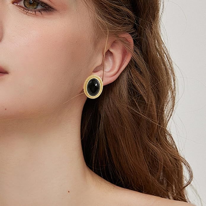 Black and Gold Jewelry Sets for Women, Gold Plated Textured Metal Necklace and Earrings Set with Deep Black Oval Stones, Coordinated Accessories for Wedding Party Gala