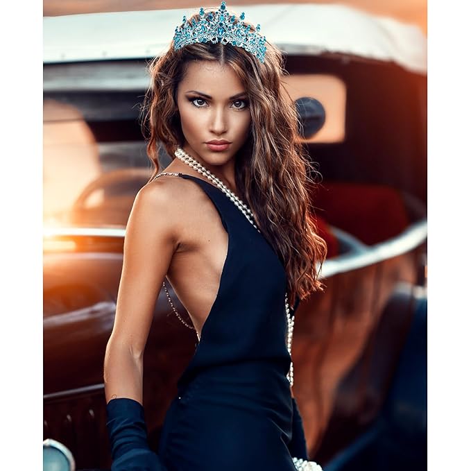 VELSCRUN Birthday Queen Tiara Crowns for Women Girls Blue Crystal Birthday Queen Headband Sash Elegant Princess Crown Happy Birth Party Decorations Mom Sisters Birth Gift Hair Accessories