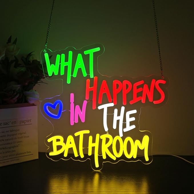 Neon Sign - HSJNJKFU What Happens in the Bathroom Neon Signs for Wall Decor Led Light Sign for Man Cave Bathroom Room Home Beer Bar Sign - USB Powered