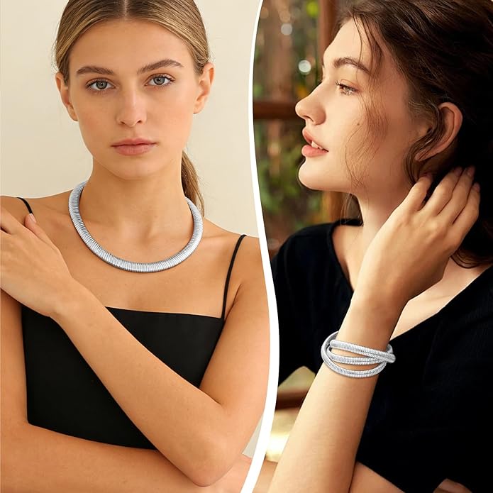 YBMYCM Chunky Gold-plated Silver Jewelry Set Multi Strands Stainless Steel Choker Necklace Bracelet Set for Women