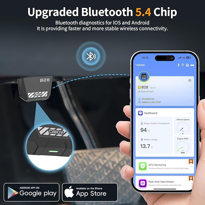 OBD2 Scanner for Car Bluetooth 5.4 - Codes can be Read and Cleared Quickly with Android and iOS Compatible - Diagnosis of The vehicle's Engine, ABS, SRS, airbags and More Than 35,000 Problems