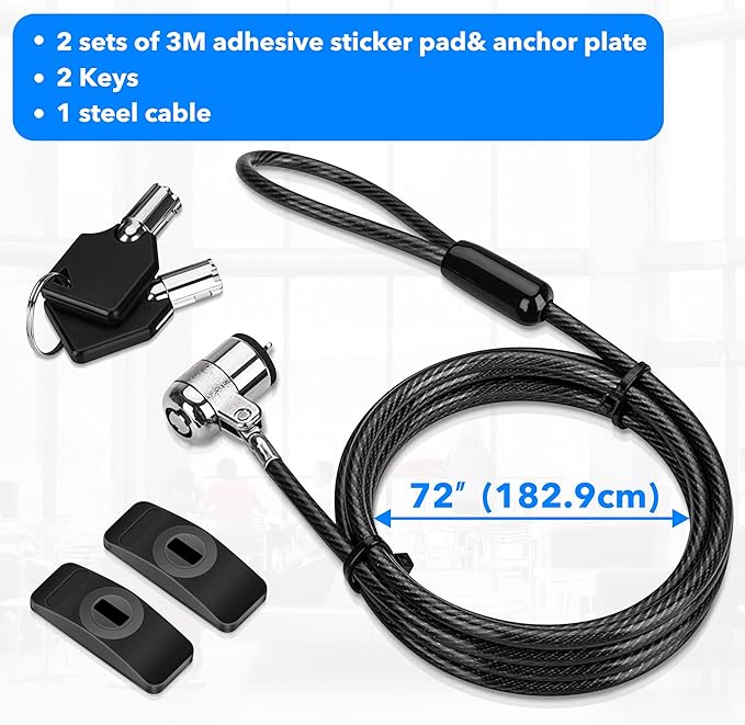 AboveTEK Laptop Lock, Tablet Lock Security Cable, 2 Keys Sturdy Steel iPad Locking Kit w/Adhesive Anchors, Anti Theft Hardware Protection for iPhone Mobile Notebook Computer Monitor MacBook Laptop