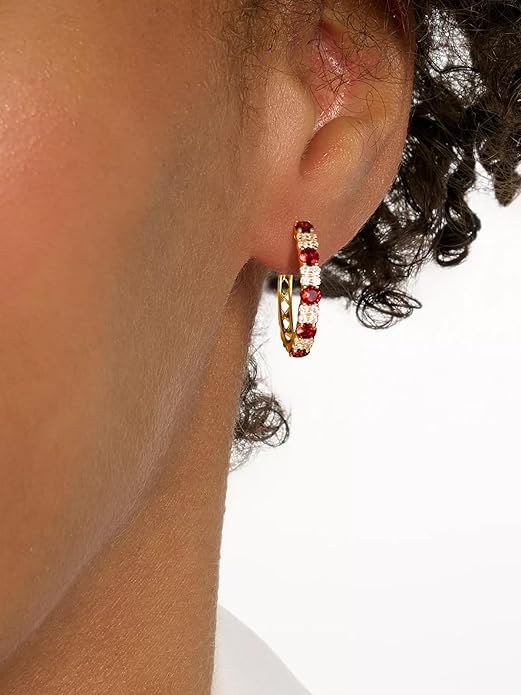 Women's Huggie Hoops with Birthstone 925 Sterling Silver Huggie Stud Hypoallergenic 14K Gold Plated Moissanite Earrings -Emerald Sapphire Ruby Hoop Earrings, Size 20 25mm