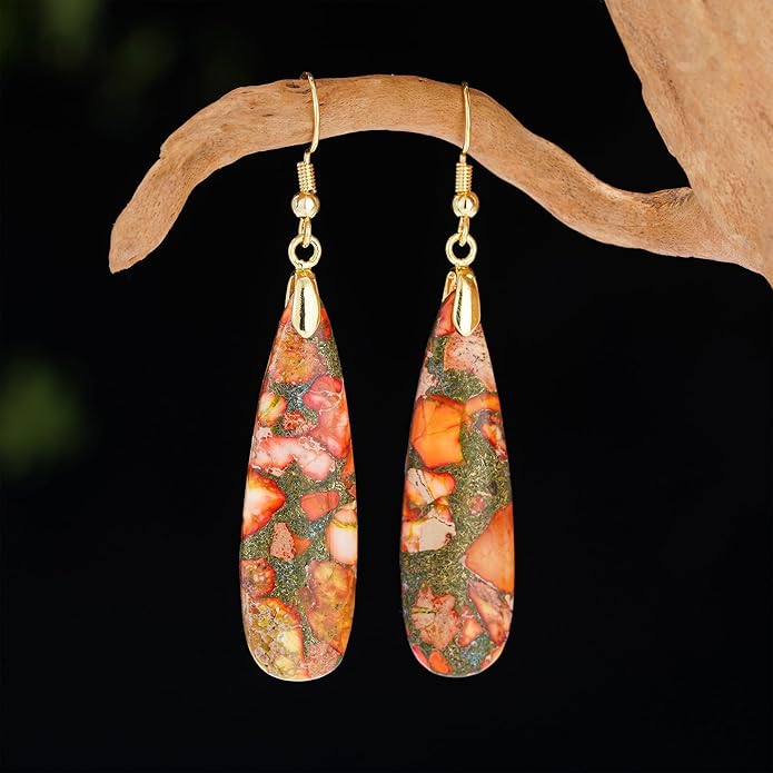Boho Women Natural Stone Earrings Unique Healing Imperial Jasper Gemstone Energy Hypoallergenic Lightweight Dangle Drop Earrings Multiple Styles Earrings Jewelry for Birthday Party Gift
