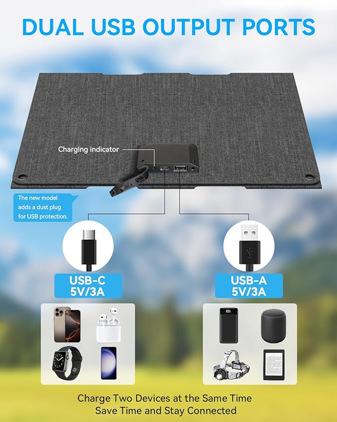 Ecosonique 30W Portable Solar Charger Foldable Solar Panels with USB C USB A ETFE Waterproof for Camping Backpacking Compatible with Cell Phone, iPhone, iPad, Samsung Galaxy, LG, Power Banks