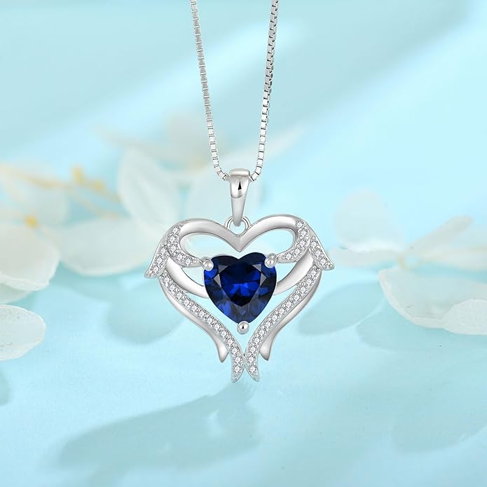 FJ Heart Angel Wings Pendant Necklace 925 Sterling Silver Birthstone Jewelry Gifts for Women