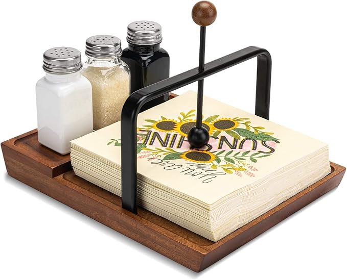Black Wooden Napkin Holder, Multifunctional Farmhouse Napkin Holder for Table, Kitchen, Outdoor Use, Includes Space for Salt and Pepper Shakers (Seasoning Jar Not Included)