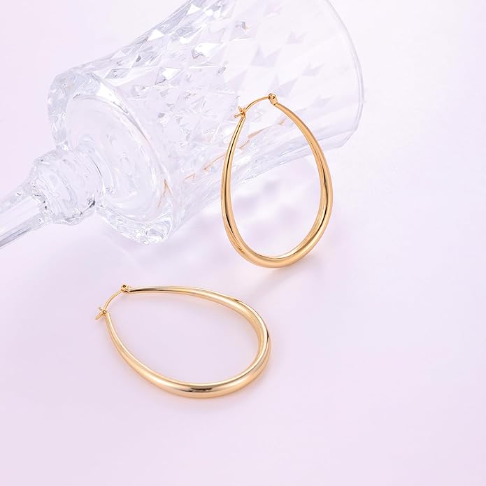 Gacimy Chunky Hoop Earrings for Women, 14K Gold Plated Oval Hoop Earrings with 925 Sterling Silver Post