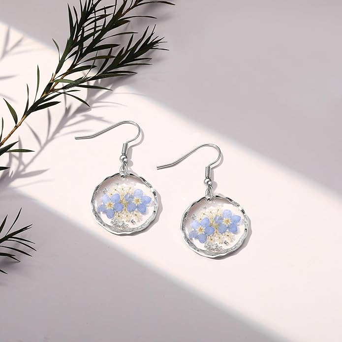 Forget-Me-Not and Queen Anne's Lace Pressed Wildflower Earrings | Pressed Flower Earrings | Handmade Drop and Dangle Earrings | Gift for Woman