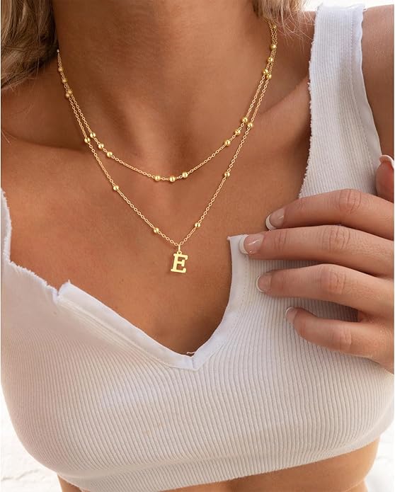 Initial Necklaces for Women, Dainty 14K Gold Plated Layered A-Z Letter Pendant Necklace Trendy Cute Choker Name Charm Necklace Stack Personalized Jewelry Gift for Her Birthday Christmas Gift