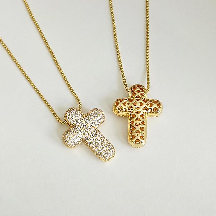 OGD Bubble Cross Necklace for Women 14k Gold Plated Cross Necklace Stackable Dainty Gold Necklace Mariner Chain Necklace CZ Cross Pendant Necklaces Set Simple Jewelry Gift