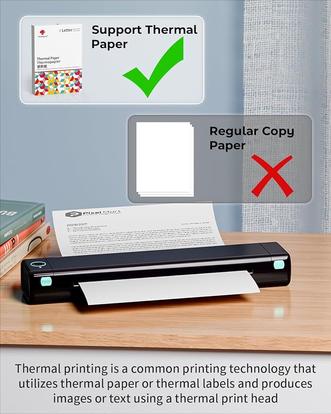 Phomemo Portable Printers Wireless for Travel, M08F Thermal Bluetooth Printer Support for 8.5"x11" US Letter, Small Inkless Printer Compatible with iOS, Android, Laptop for Car, Office, Home