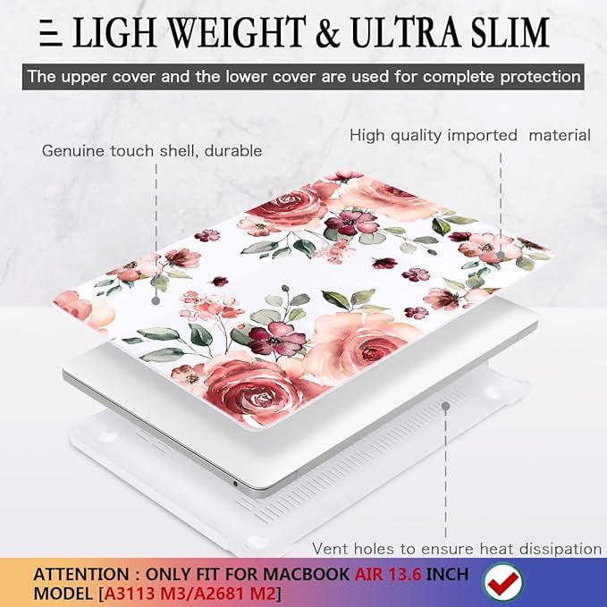 CISSOOK for MacBook Air 13.6 inch Case 2025 2024 2022 Release A3240 A3113 A2681, Matte Hard Shell Case Flower Cover with Keyboard Cover + USB Adapter for MacBook Air 13.6 M2 M3 M4 with Touch ID