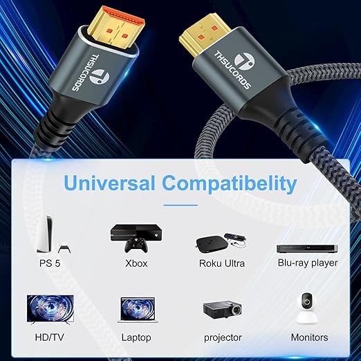 8K 4K HDMI Cable 3.3FT, High Speed Braided HDMI to HDMI 2.1 Cord Supports 8K@60Hz, 4K@120Hz 144Hz 48Gbps Compatible with Roku TV/PS5/HDTV/Blu-ray