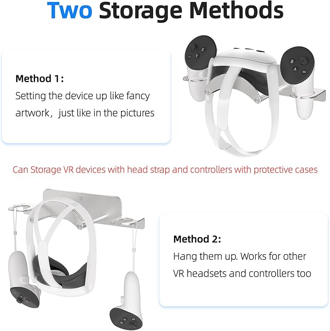 VR Wall Mount Aluminum Alloy,VR Headset Wall Mount Storage Stand Hook Compatible with Meta Quest 3/Quest Pro/Quest 2,Quest 3 Stand with 2 Storage Way,Desk Space Saving(Silver)